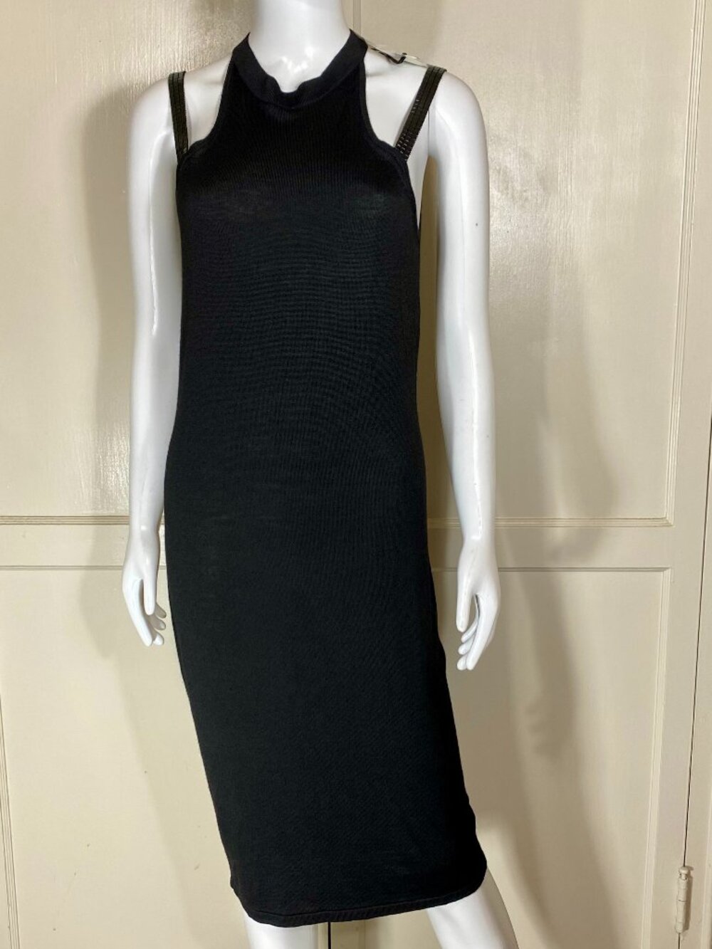 VERSACE COLLECTION Black Knit Sheath Dress IT 46 M L Studded Straps NWT ($575)